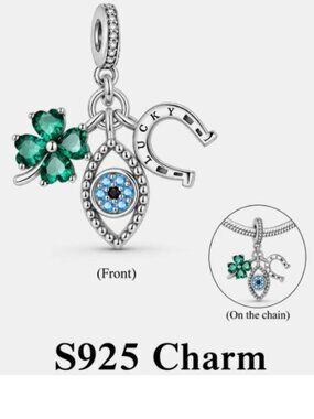 S925 Sterling Silver Evil Eye Clover Lucky Horseshoe Charm Bead Pendant Bracelet